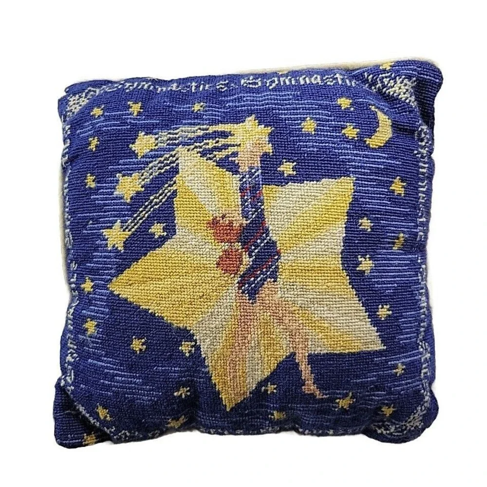 Gymnastics Needlepoint Pillow Shooting Stars Moon Velvet Back Blue Yellow 9